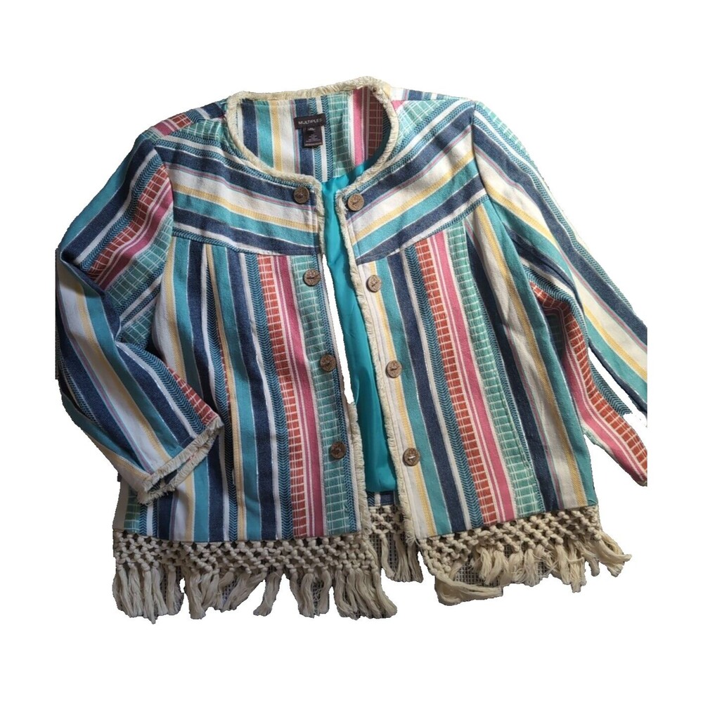 Multiples Open Fit Patchwork Blazer Boho Hippie Chic Fringe Rainbow Stripe XL